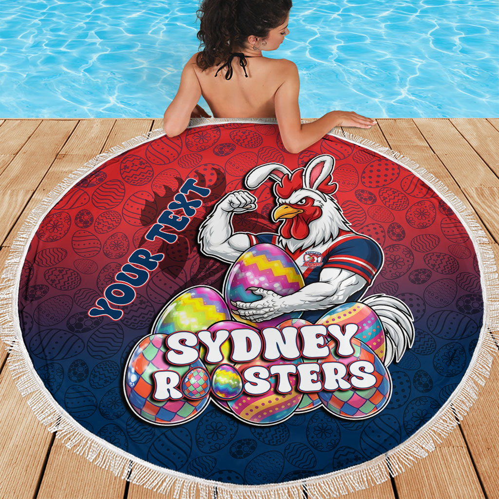 Personalized Sydney Roosters Beach Blanket Easter Mascot - Colorful Eggs Cartoon Style