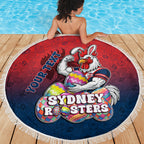 Personalized Sydney Roosters Beach Blanket Easter Mascot - Colorful Eggs Cartoon Style