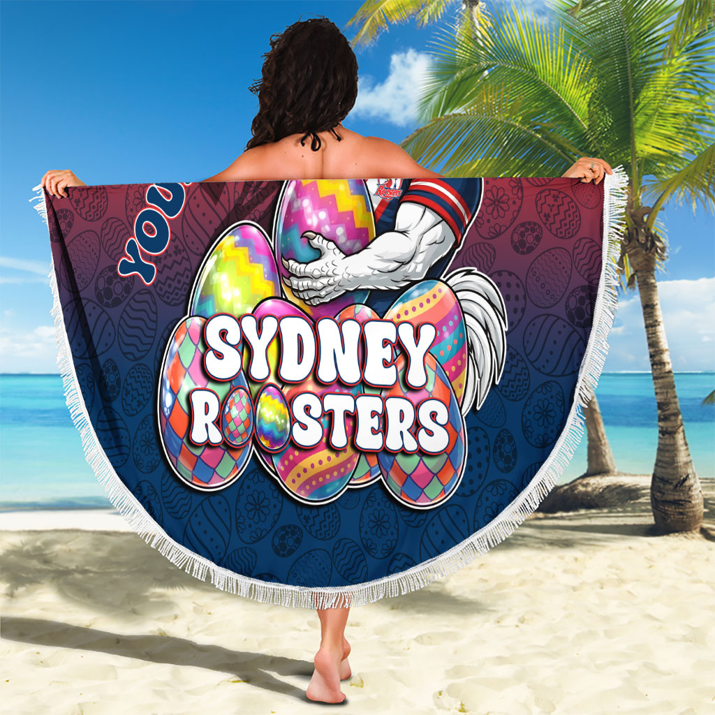 Personalized Sydney Roosters Beach Blanket Easter Mascot - Colorful Eggs Cartoon Style