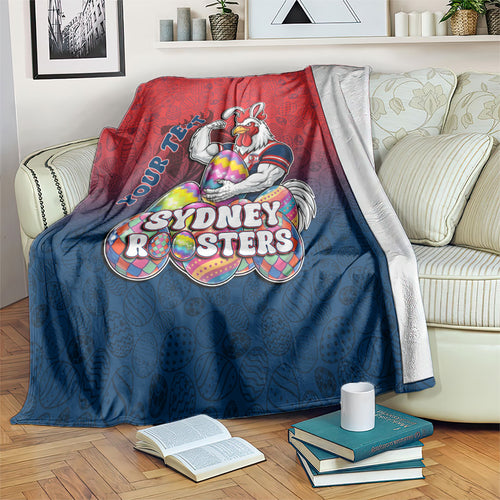 Personalized Sydney Roosters Blanket Easter Mascot - Colorful Eggs Cartoon Style