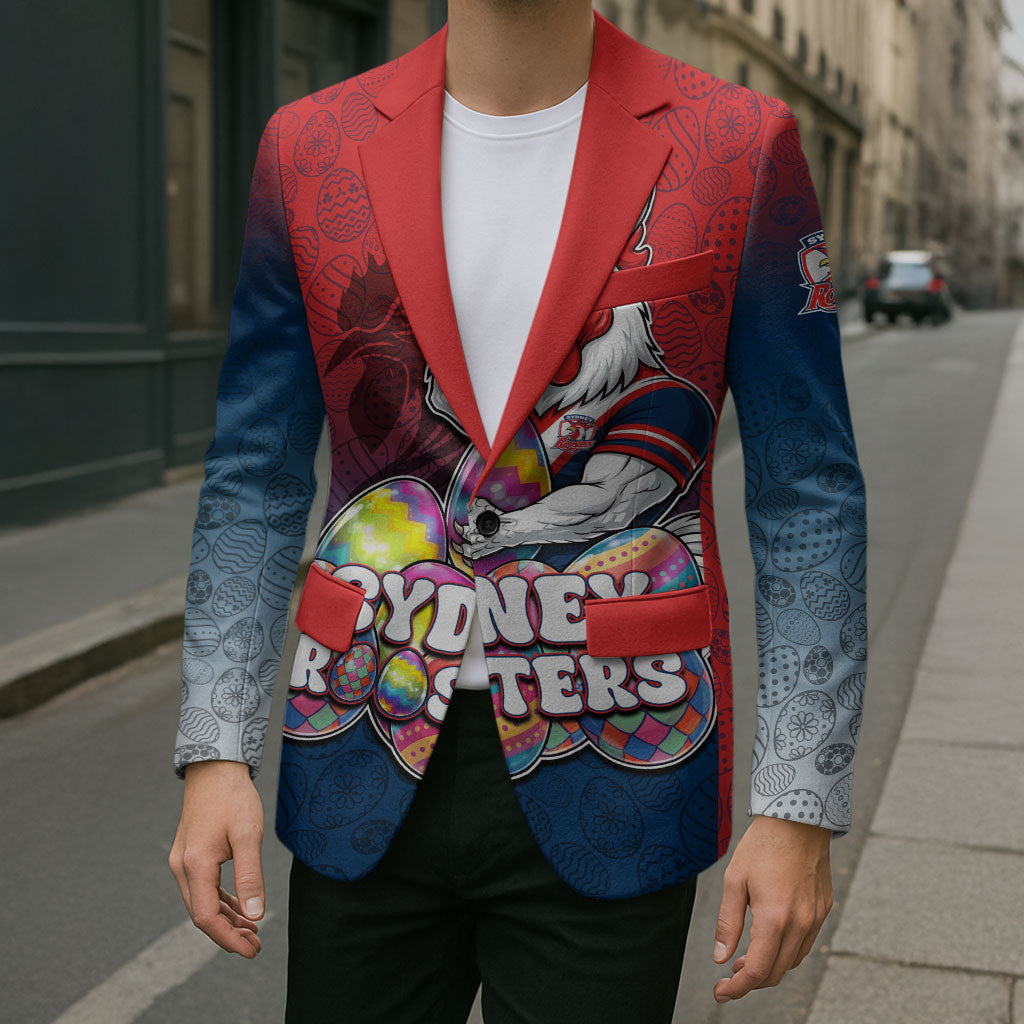 Personalized Sydney Roosters Blazer Easter Mascot - Colorful Eggs Cartoon Style