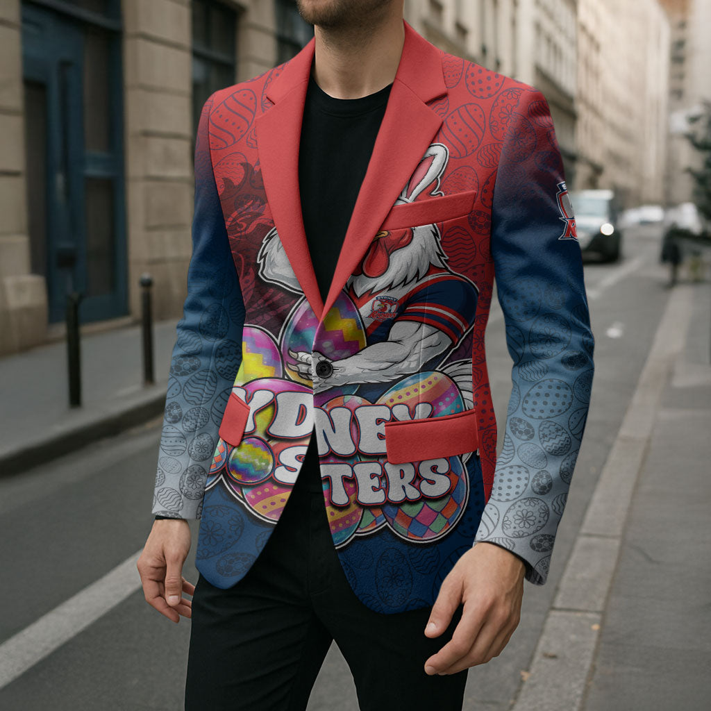 Personalized Sydney Roosters Blazer Easter Mascot - Colorful Eggs Cartoon Style