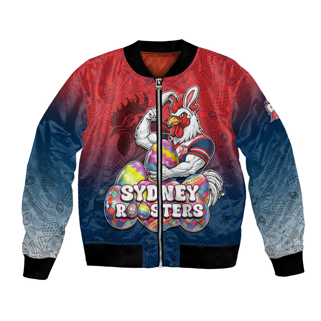 Personalized Sydney Roosters Bomber Jacket Easter Mascot - Colorful Eggs Cartoon Style