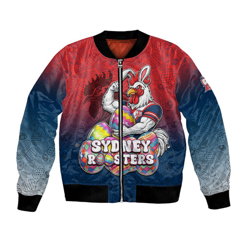 Personalized Sydney Roosters Bomber Jacket Easter Mascot - Colorful Eggs Cartoon Style