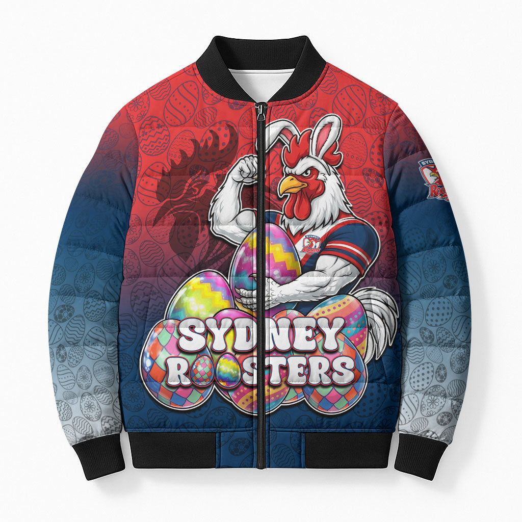 Personalized Sydney Roosters Bomber Puffer Jacket Easter Mascot - Colorful Eggs Cartoon Style
