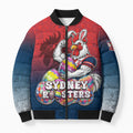 Personalized Sydney Roosters Bomber Puffer Jacket Easter Mascot - Colorful Eggs Cartoon Style