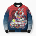 Personalized Sydney Roosters Bomber Puffer Jacket Easter Mascot - Colorful Eggs Cartoon Style