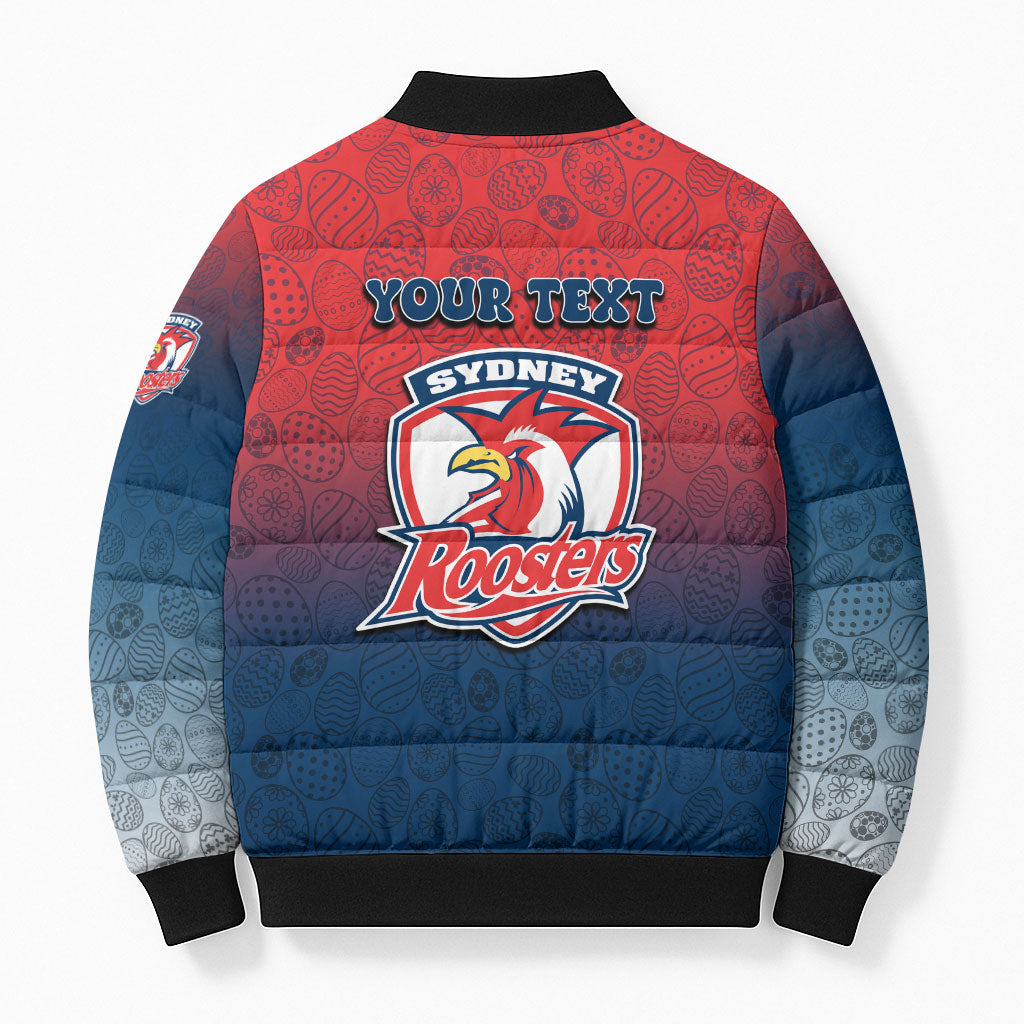 Personalized Sydney Roosters Bomber Puffer Jacket Easter Mascot - Colorful Eggs Cartoon Style