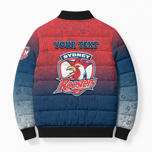Personalized Sydney Roosters Bomber Puffer Jacket Easter Mascot - Colorful Eggs Cartoon Style