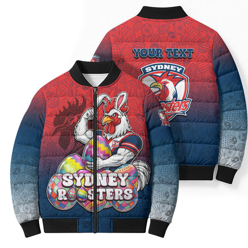 Personalized Sydney Roosters Bomber Puffer Jacket Easter Mascot - Colorful Eggs Cartoon Style