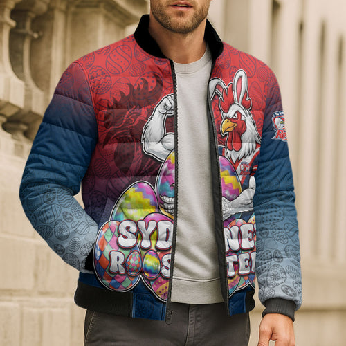 Personalized Sydney Roosters Bomber Puffer Jacket Easter Mascot - Colorful Eggs Cartoon Style