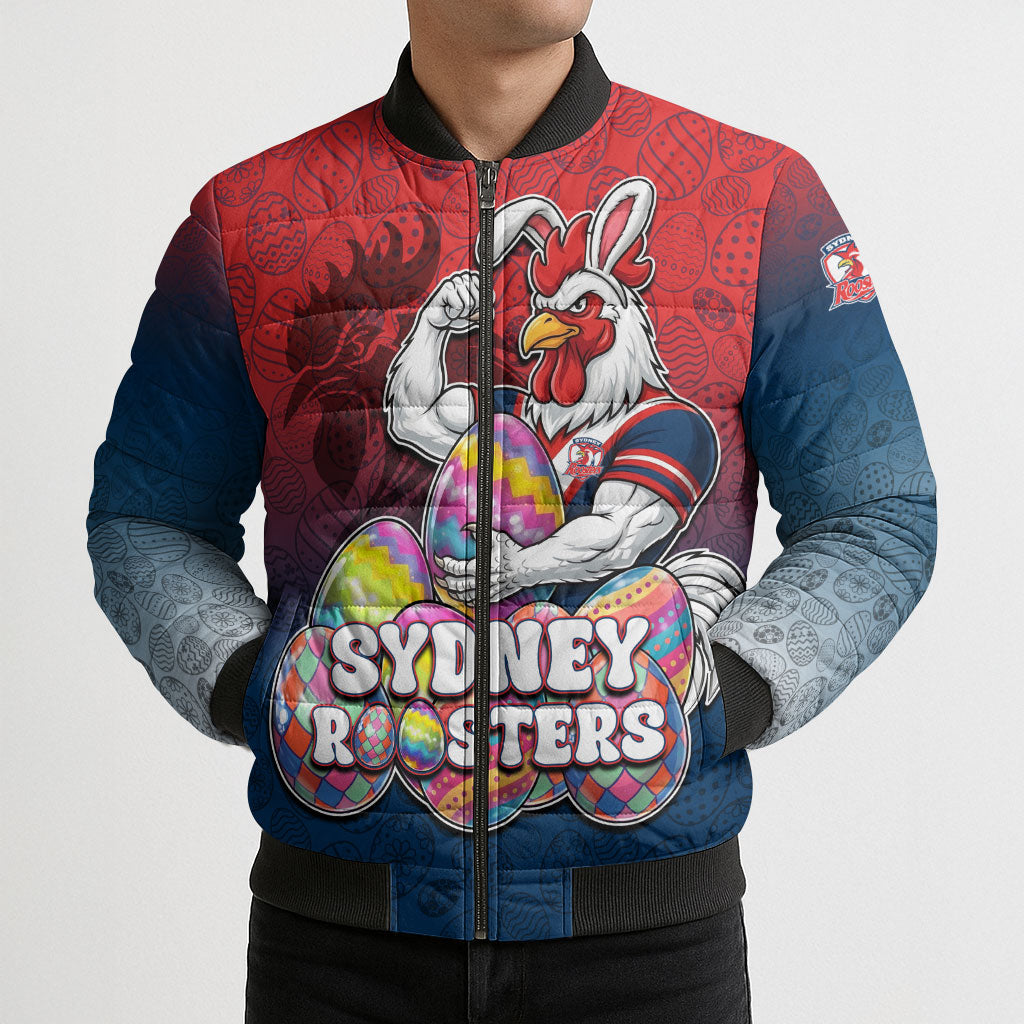 Personalized Sydney Roosters Bomber Puffer Jacket Easter Mascot - Colorful Eggs Cartoon Style