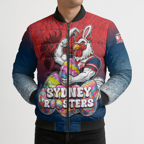Personalized Sydney Roosters Bomber Puffer Jacket Easter Mascot - Colorful Eggs Cartoon Style