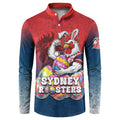 Personalized Sydney Roosters Button Sweatshirt Easter Mascot - Colorful Eggs Cartoon Style