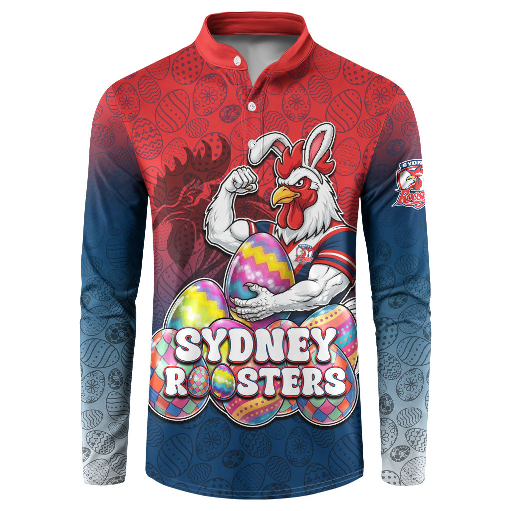 Personalized Sydney Roosters Button Sweatshirt Easter Mascot - Colorful Eggs Cartoon Style