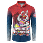 Personalized Sydney Roosters Button Sweatshirt Easter Mascot - Colorful Eggs Cartoon Style