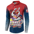 Personalized Sydney Roosters Button Sweatshirt Easter Mascot - Colorful Eggs Cartoon Style