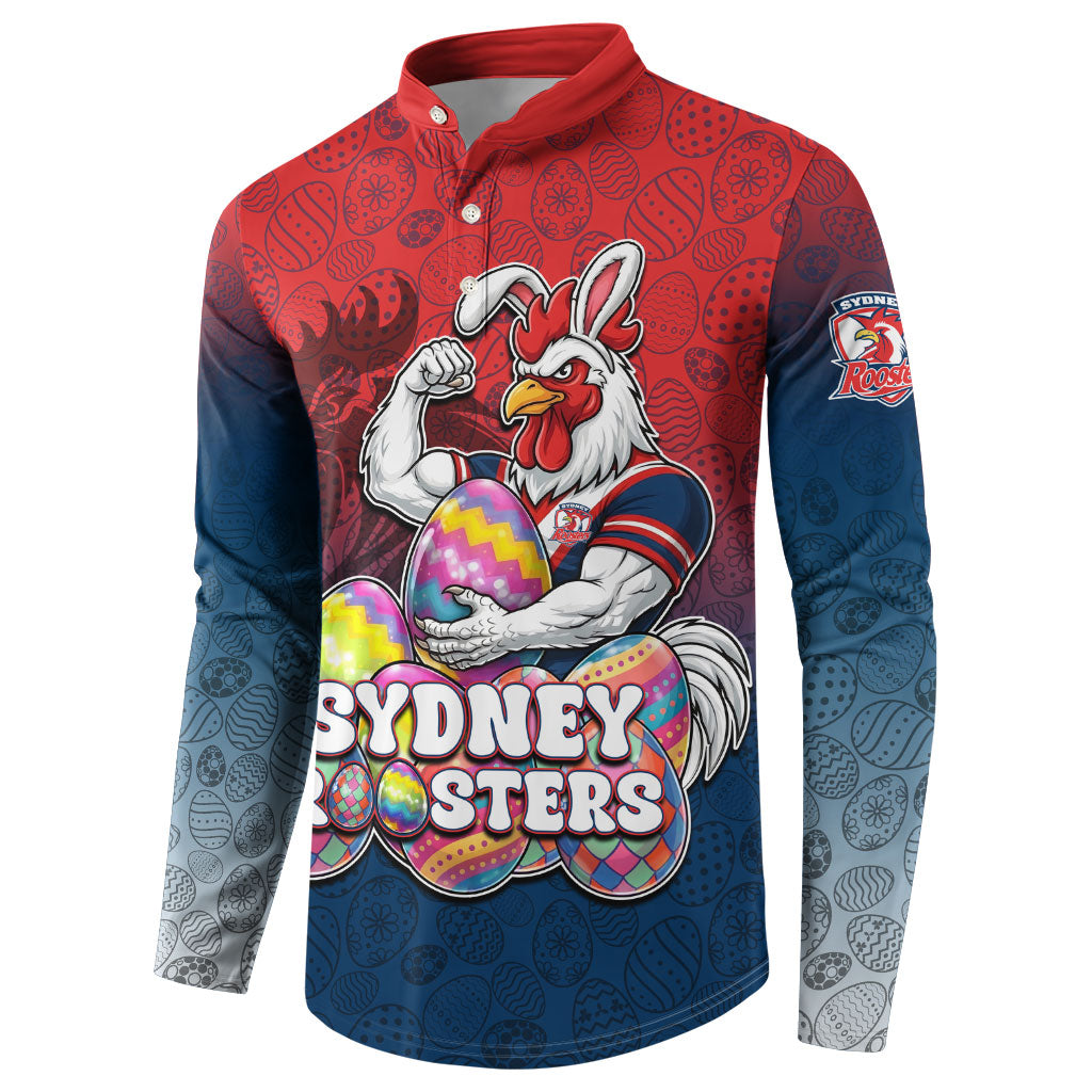 Personalized Sydney Roosters Button Sweatshirt Easter Mascot - Colorful Eggs Cartoon Style