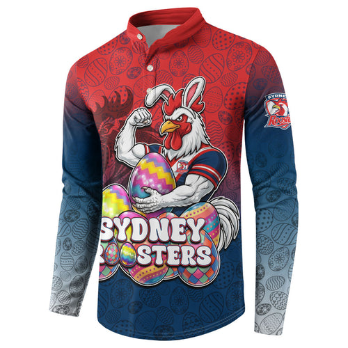 Personalized Sydney Roosters Button Sweatshirt Easter Mascot - Colorful Eggs Cartoon Style