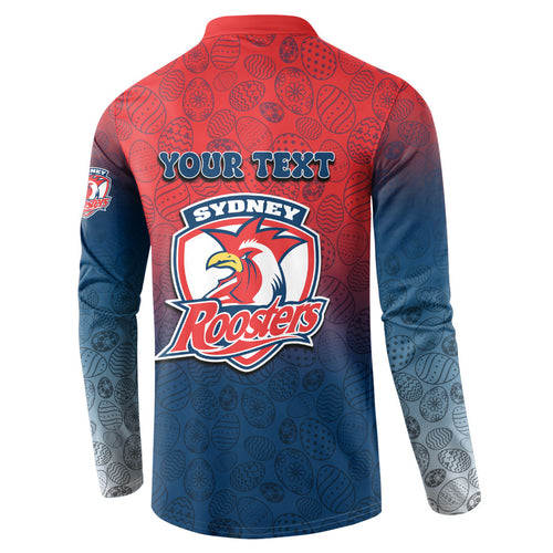 Personalized Sydney Roosters Button Sweatshirt Easter Mascot - Colorful Eggs Cartoon Style