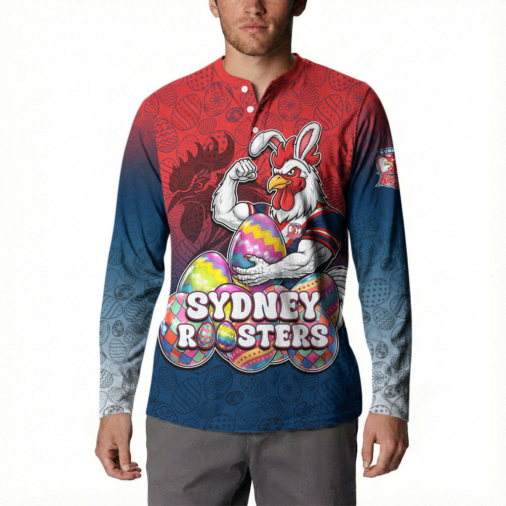 Personalized Sydney Roosters Button Sweatshirt Easter Mascot - Colorful Eggs Cartoon Style