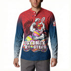 Personalized Sydney Roosters Button Sweatshirt Easter Mascot - Colorful Eggs Cartoon Style