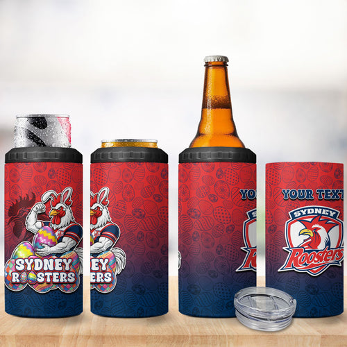 Personalized Sydney Roosters 4 in 1 Can Cooler Tumbler Easter Mascot - Colorful Eggs Cartoon Style