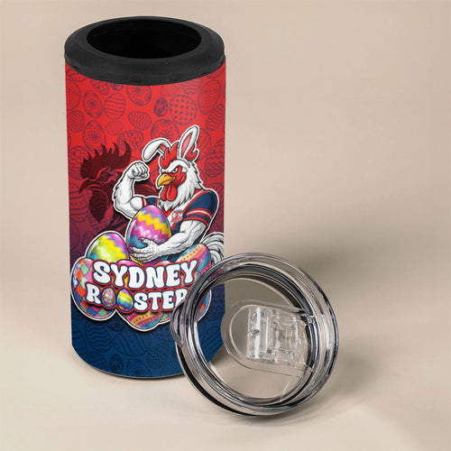 Personalized Sydney Roosters 4 in 1 Can Cooler Tumbler Easter Mascot - Colorful Eggs Cartoon Style