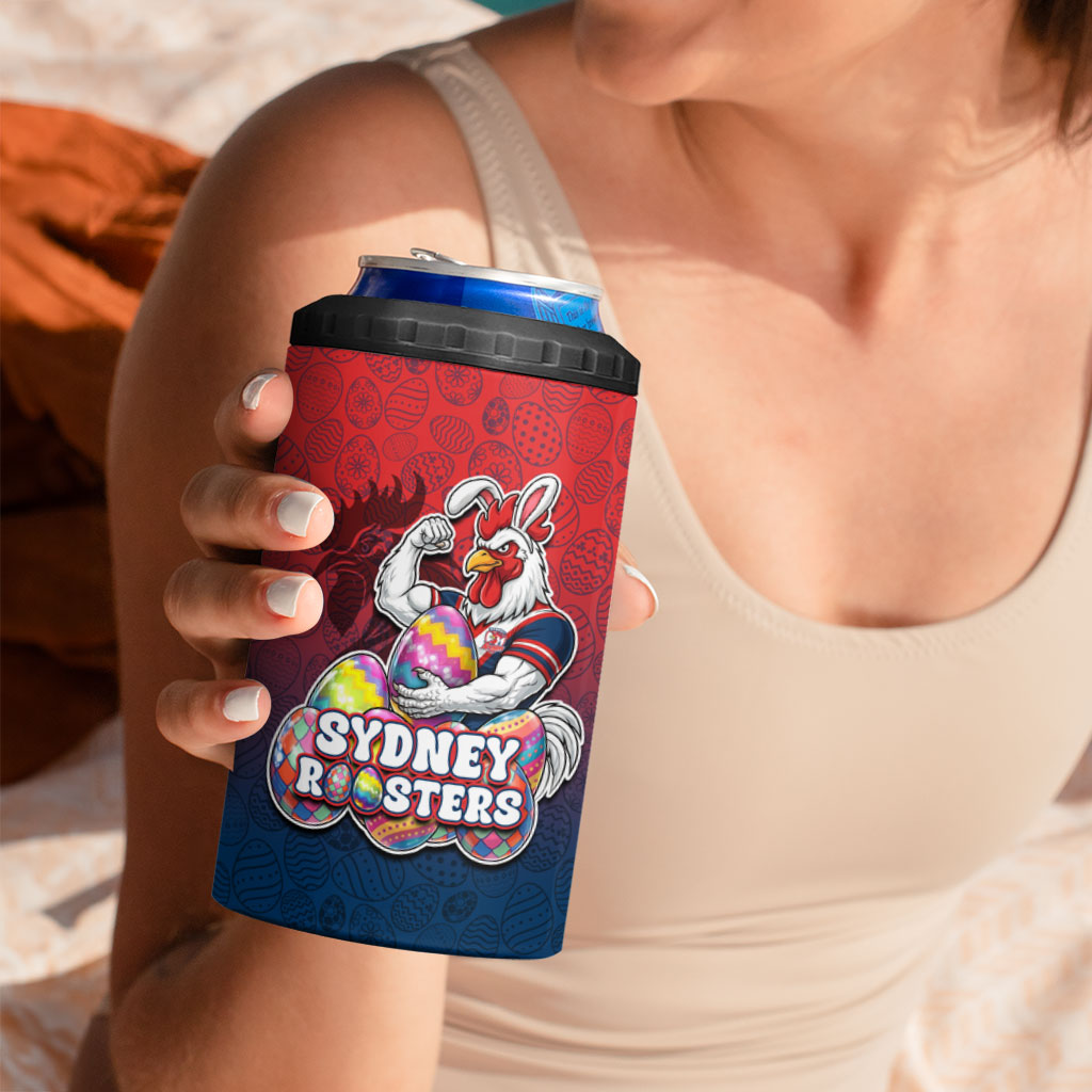 Personalized Sydney Roosters 4 in 1 Can Cooler Tumbler Easter Mascot - Colorful Eggs Cartoon Style