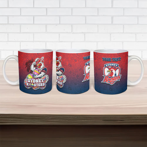 Personalized Sydney Roosters Ceramic Mug Easter Mascot - Colorful Eggs Cartoon Style