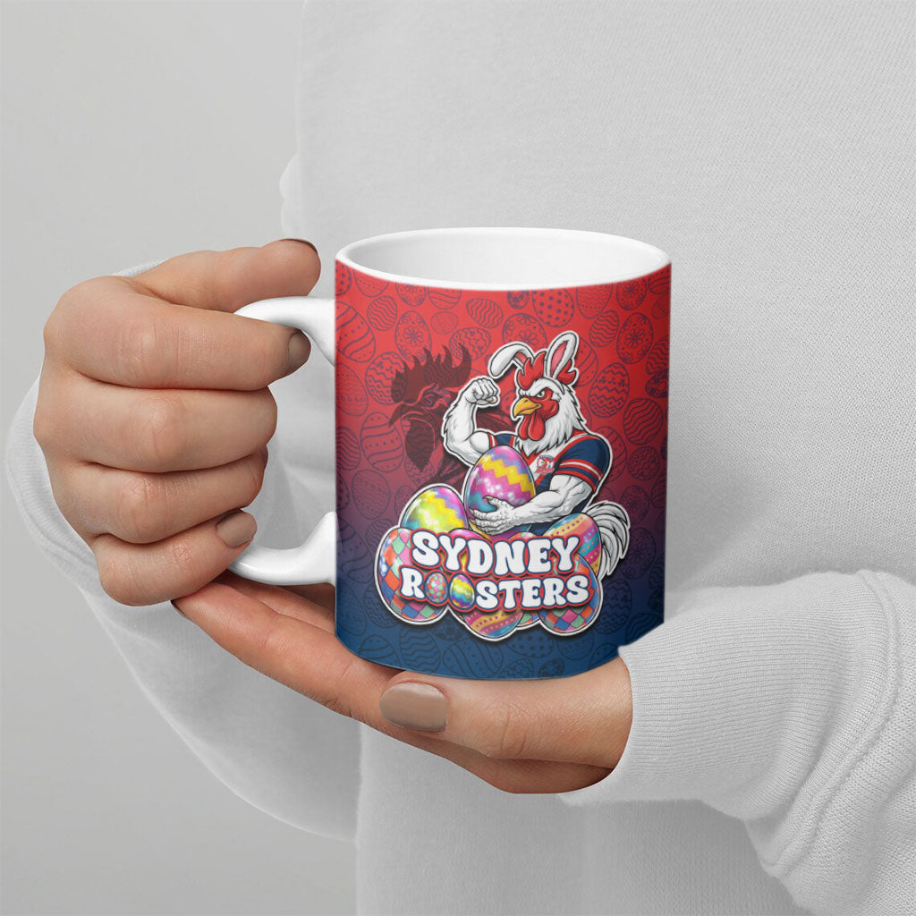 Personalized Sydney Roosters Ceramic Mug Easter Mascot - Colorful Eggs Cartoon Style