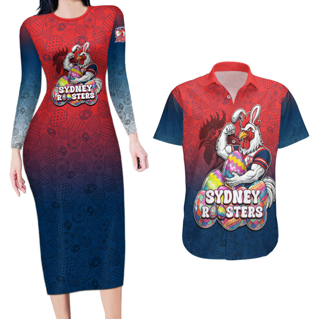 Personalized Sydney Roosters Couples Matching Long Sleeve Bodycon Dress and Hawaiian Shirt Easter Mascot - Colorful Eggs Cartoon Style