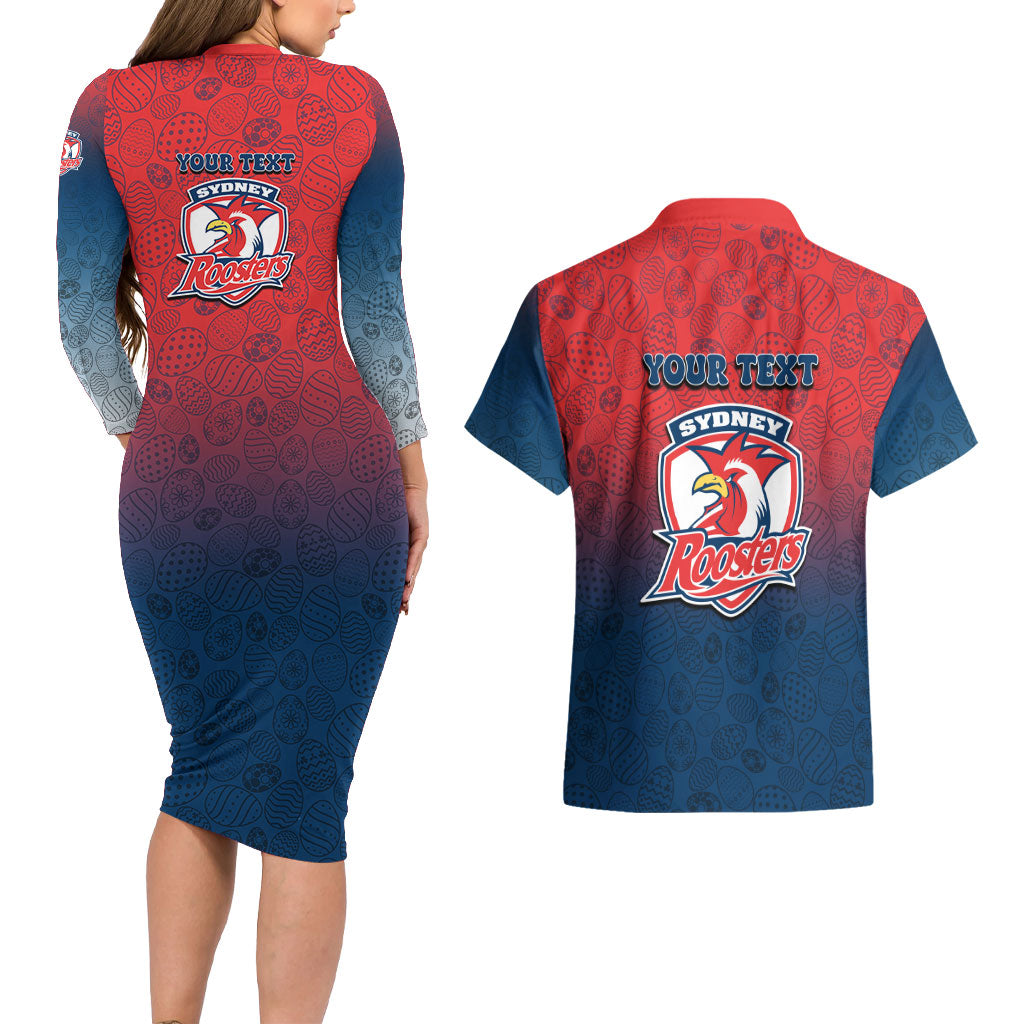 Personalized Sydney Roosters Couples Matching Long Sleeve Bodycon Dress and Hawaiian Shirt Easter Mascot - Colorful Eggs Cartoon Style
