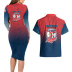 Personalized Sydney Roosters Couples Matching Long Sleeve Bodycon Dress and Hawaiian Shirt Easter Mascot - Colorful Eggs Cartoon Style