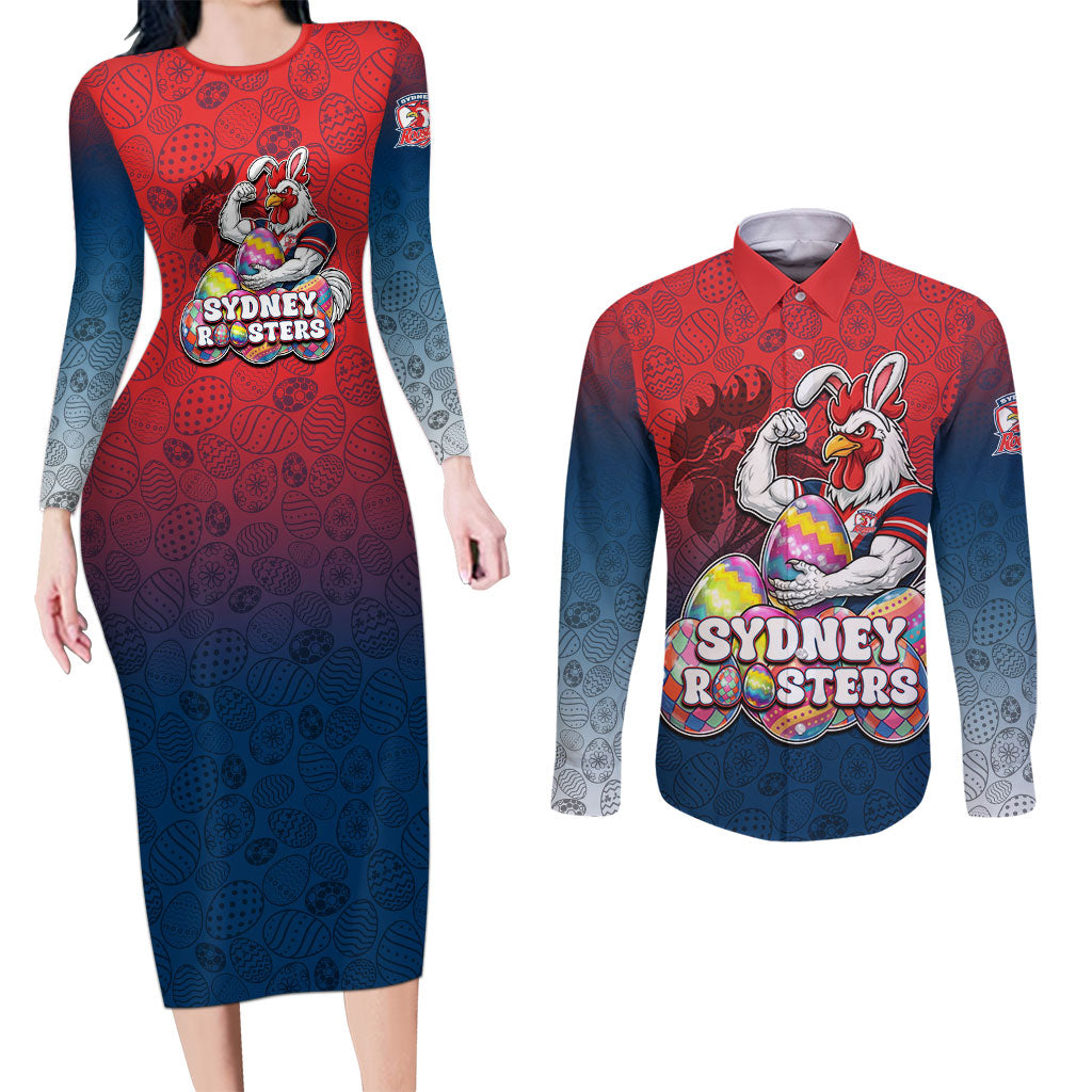 Personalized Sydney Roosters Couples Matching Long Sleeve Bodycon Dress and Long Sleeve Button Shirt Easter Mascot - Colorful Eggs Cartoon Style