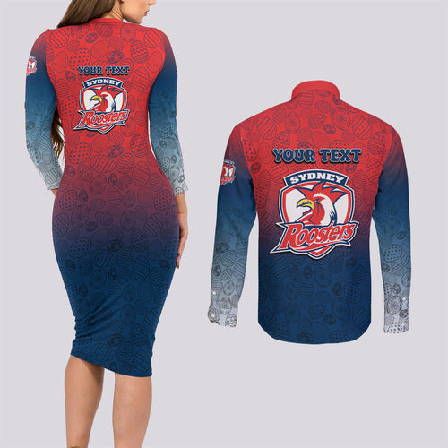 Personalized Sydney Roosters Couples Matching Long Sleeve Bodycon Dress and Long Sleeve Button Shirt Easter Mascot - Colorful Eggs Cartoon Style