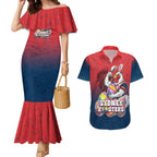 Personalized Sydney Roosters Couples Matching Mermaid Dress and Hawaiian Shirt Easter Mascot - Colorful Eggs Cartoon Style