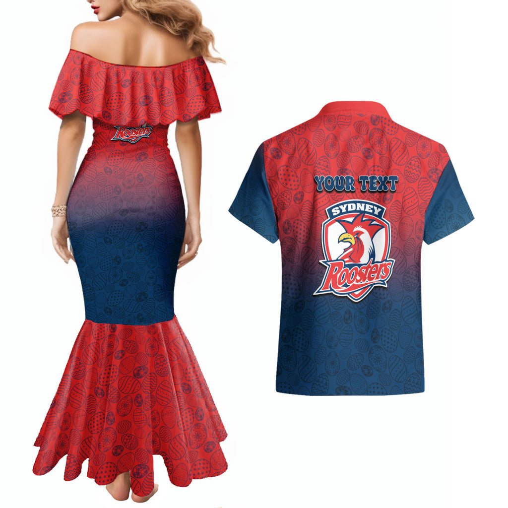 Personalized Sydney Roosters Couples Matching Mermaid Dress and Hawaiian Shirt Easter Mascot - Colorful Eggs Cartoon Style