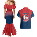 Personalized Sydney Roosters Couples Matching Mermaid Dress and Hawaiian Shirt Easter Mascot - Colorful Eggs Cartoon Style