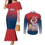Personalized Sydney Roosters Couples Matching Mermaid Dress and Long Sleeve Button Shirt Easter Mascot - Colorful Eggs Cartoon Style