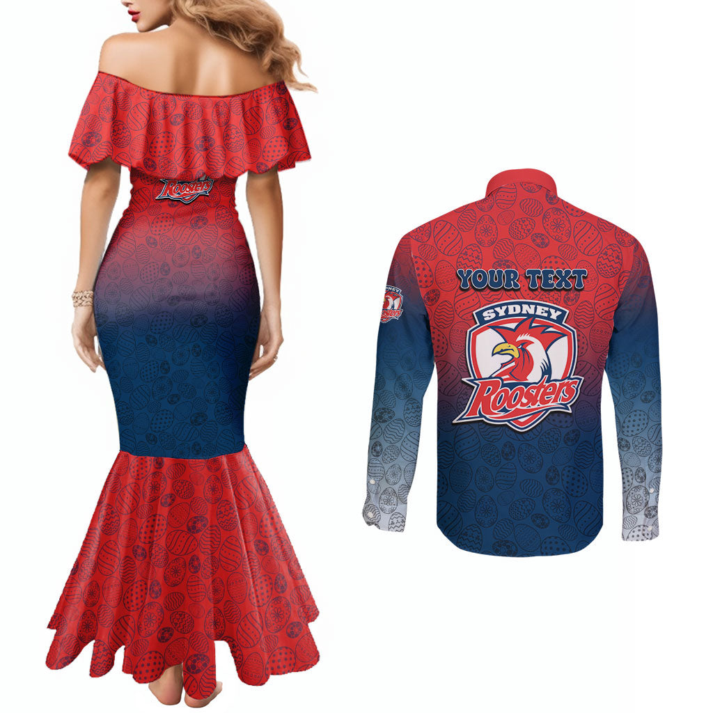 Personalized Sydney Roosters Couples Matching Mermaid Dress and Long Sleeve Button Shirt Easter Mascot - Colorful Eggs Cartoon Style