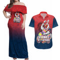 Personalized Sydney Roosters Couples Matching Off Shoulder Maxi Dress and Hawaiian Shirt Easter Mascot - Colorful Eggs Cartoon Style