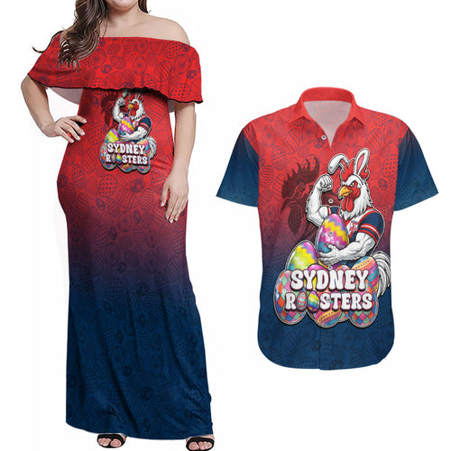 Personalized Sydney Roosters Couples Matching Off Shoulder Maxi Dress and Hawaiian Shirt Easter Mascot - Colorful Eggs Cartoon Style