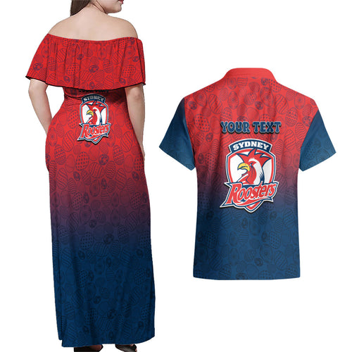 Personalized Sydney Roosters Couples Matching Off Shoulder Maxi Dress and Hawaiian Shirt Easter Mascot - Colorful Eggs Cartoon Style