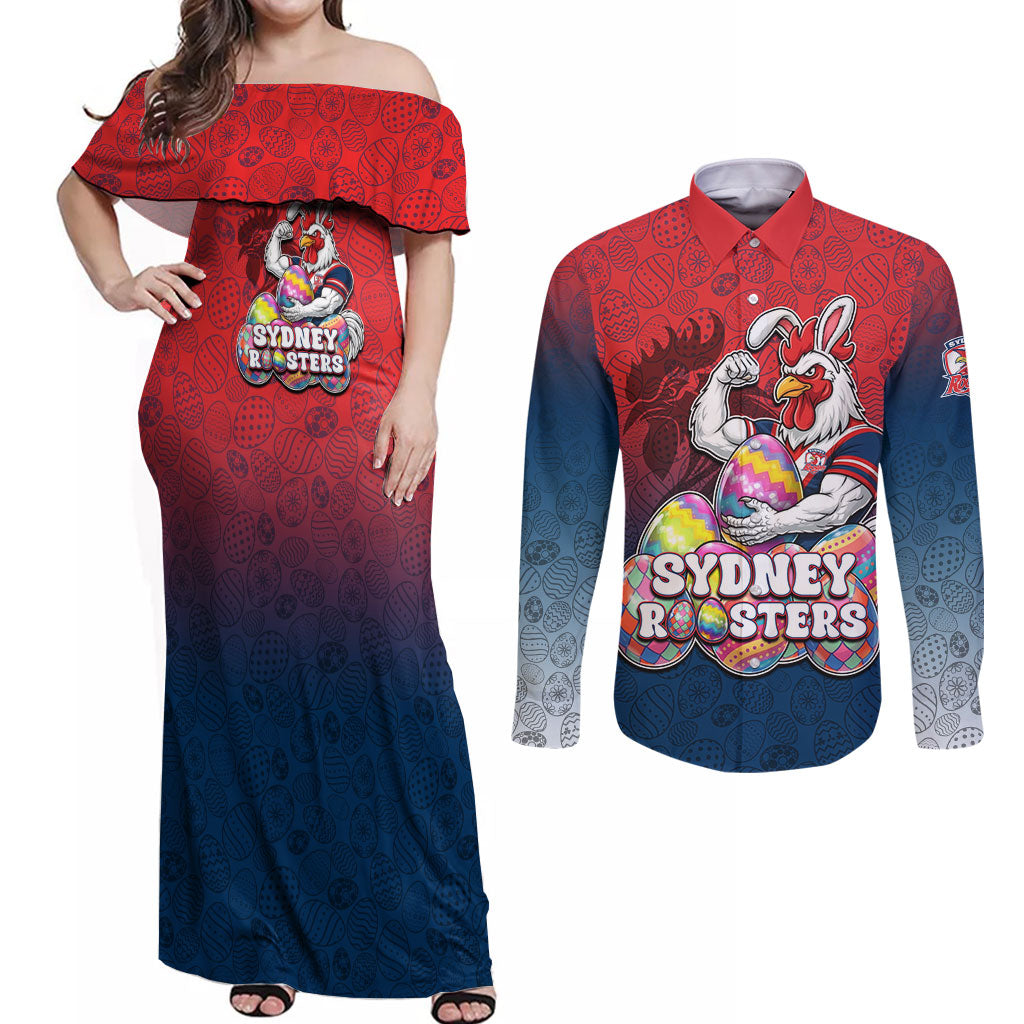 Personalized Sydney Roosters Couples Matching Off Shoulder Maxi Dress and Long Sleeve Button Shirt Easter Mascot - Colorful Eggs Cartoon Style