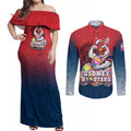 Personalized Sydney Roosters Couples Matching Off Shoulder Maxi Dress and Long Sleeve Button Shirt Easter Mascot - Colorful Eggs Cartoon Style