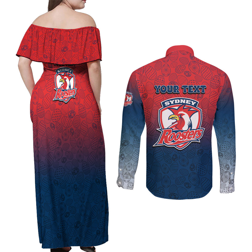 Personalized Sydney Roosters Couples Matching Off Shoulder Maxi Dress and Long Sleeve Button Shirt Easter Mascot - Colorful Eggs Cartoon Style
