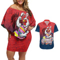 Personalized Sydney Roosters Couples Matching Off Shoulder Short Dress and Hawaiian Shirt Easter Mascot - Colorful Eggs Cartoon Style