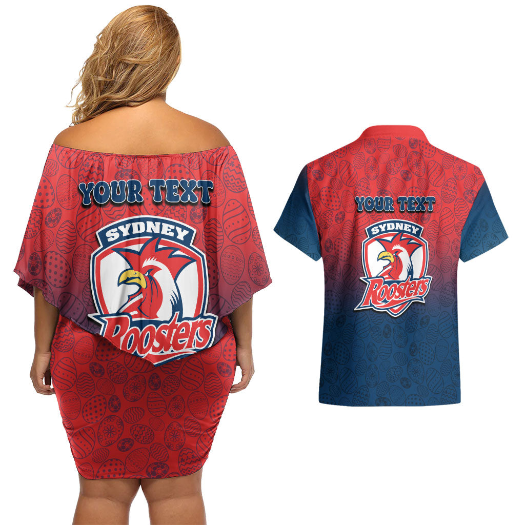 Personalized Sydney Roosters Couples Matching Off Shoulder Short Dress and Hawaiian Shirt Easter Mascot - Colorful Eggs Cartoon Style