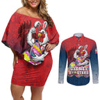 Personalized Sydney Roosters Couples Matching Off Shoulder Short Dress and Long Sleeve Button Shirt Easter Mascot - Colorful Eggs Cartoon Style